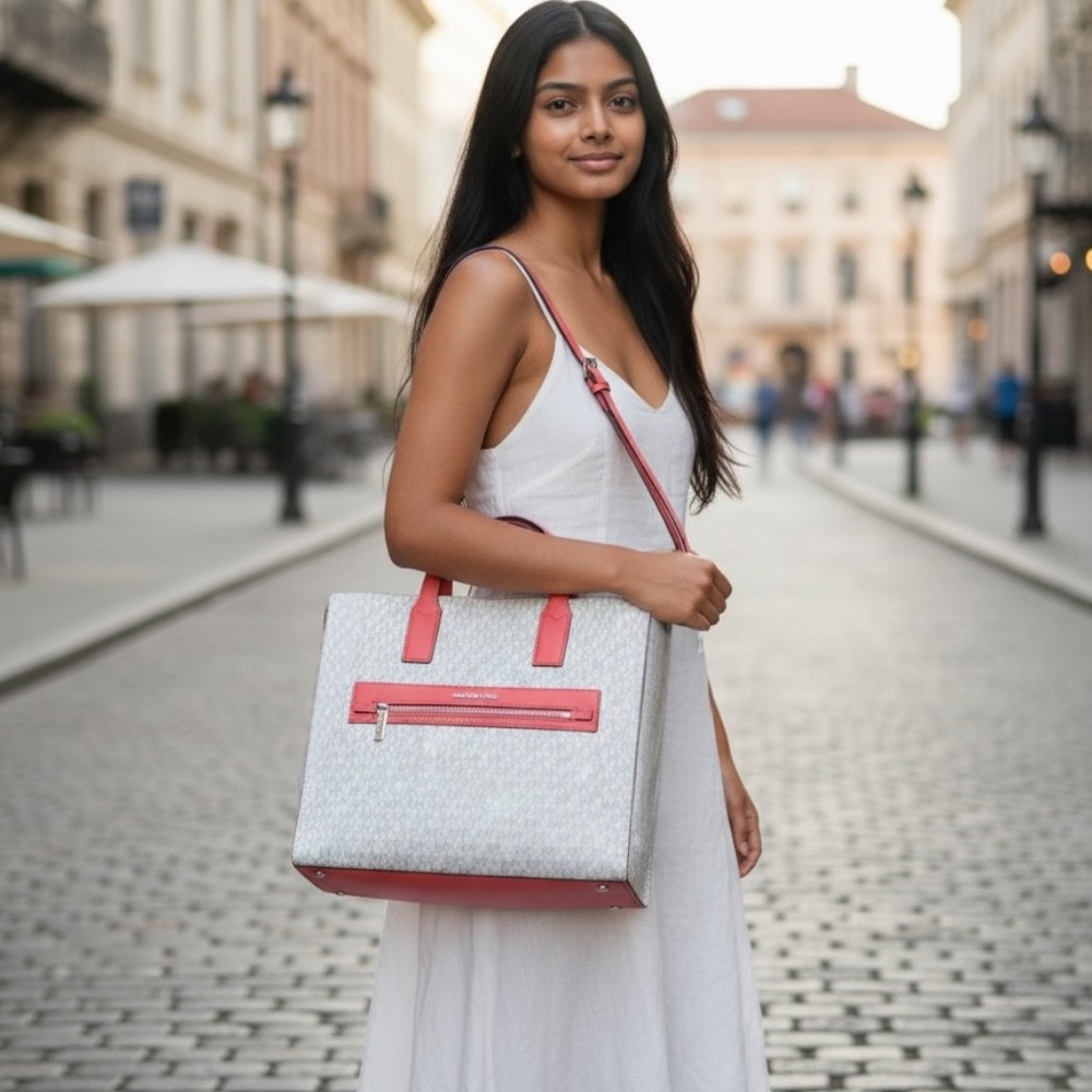 MICHAEL KORS Kenly Large Signature Logo Tape Tote Bag : Grapefruit and white